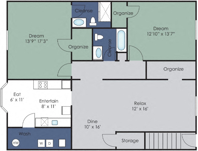Floor plan for 2 beds, 2 baths, 1400 sqft